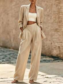 SHEIN Apricot Color Suit, Double-Breasted Long-Sleeve Suit And Straight-Leg Pants 2-Piece Set, Spring And Autumn Commuting Wear, Office Wear, Elegant Suit - Khaki - View 4