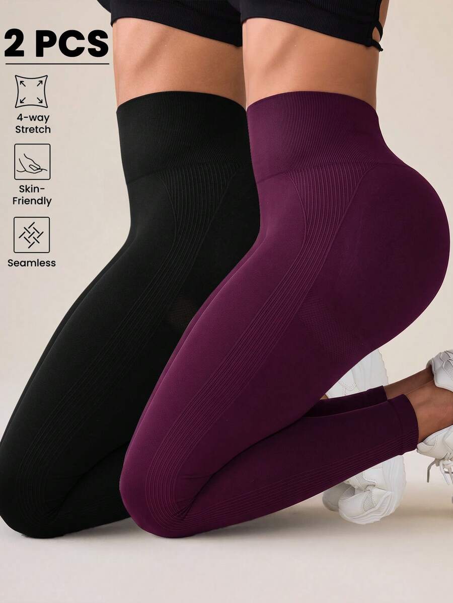 SHEIN Sovereign Charm 女款純色高腰休閒日常旅行運動緊身內搭褲 2件/包 - 彩色 - 查看 1