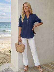 EMERY ROSE Women's Textured Fabric Blue Shirt, Versatile For Work, Commuting, Casual, Teacher, Back To School Season - Blue - View 5