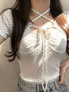 FRIFUL 女款夏季新款純色抓皺綁帶蝴蝶結收腰休閒百搭T恤可愛上衣 - 白色 - 查看 3