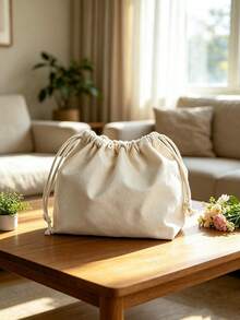 Haus Hana 1PC White Canvas Storage Bag Large Capacity Portable Zipper Makeup Solid Color Casual Tote For Bedroom Dorm Living Room Simple Style Essential - Multicolor - View 2