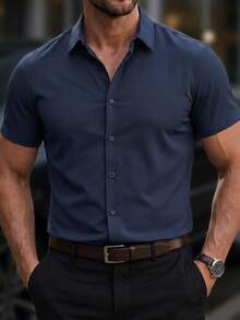 Manfinity Mode Men Solid Button Front Shirt, Formal, Ceremony - Navy Blue - View 4