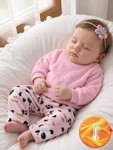 2pcs Baby Girls' Pink Panda Print Fleece Crew Neck Long Sleeve Top And Pants Pajama Set, Thick And Warm For Autumn/Winter - Multicolor - View 4