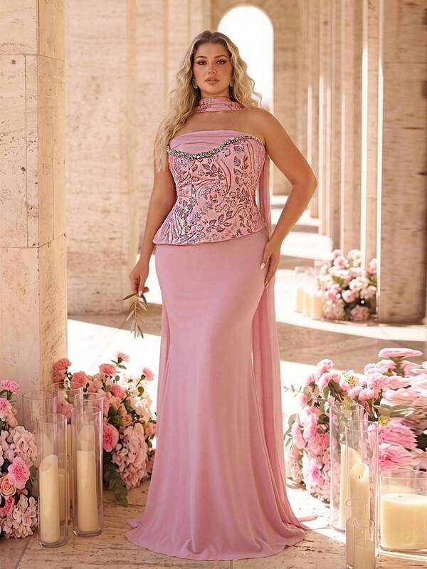 Glamrae Plus Size Elegant Luxurious Beaded Sequin Embroidered Patchwork Satin Diamond Decor Elastic Knit Mermaid Dress With Halter Neck, Suitable For Wedding, Party, Bachelorette, Vacation, Ball, Evening Gala (Heavy Craft Design)