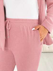 Shapeblank Plus Size Women Solid Color Long Sleeve Jacket And Pants Casual Daily 2 Pieces Set Fall - Pink - View 6