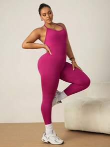 SHEIN Rhythm Era Women's Plus Size Backless Halter Neck Fitted Sports Jumpsuit - Violet Purple - View 6