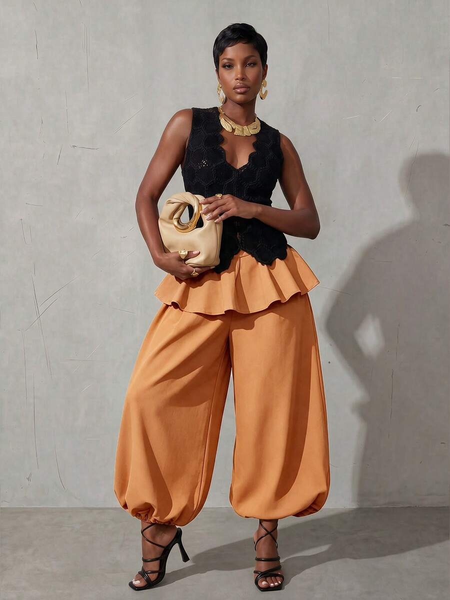 BamGlimmer Autumn/Winter New Oversized Elegant Design Orange Women's Wide Leg Pants, Fashion Casual Style, Daily Wear, Party Brunch Gathering