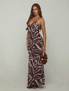 Aloruh Women's Spaghetti Strap Beaded Decor Brown Zebra Print Print Fitted Dress Vacation Summer Sexy - Multicolor - View 7