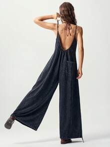 Bohemela Casual Knit Spaghetti Strap Wide Leg Women's Jumpsuit Vacation Dark Green Summer - Black - View 6