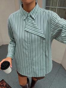 DAZY 女款春夏秋冬寬鬆休閒風長袖 2 合 1 領口直條紋布料襯衫 - 水鴨藍 - 查看 7
