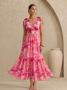Swim Oasis Summer New V-Neck Tie-Front Printed Backless Full Skirt Dress Vacation Pink And White Tropical Romantic - Pink - View 1