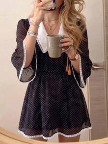 Cévolie Women's Polka Dot Print Flare Sleeve Fashion Mini Dress - Black - View 6