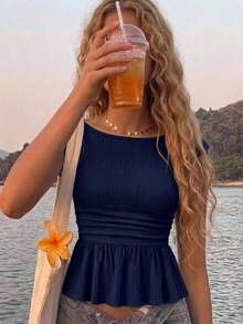 SHEIN 兒童青少年女孩背心與吊帶上衣，夏季青少年女孩露肩純色荷葉邊下擺T恤，優雅百搭海軍藍上衣，純色荷葉邊上衣，適合日常通勤、優雅、派對、約會、家庭聚會、畢業、度假 - 藏蓝色 - 查看 3