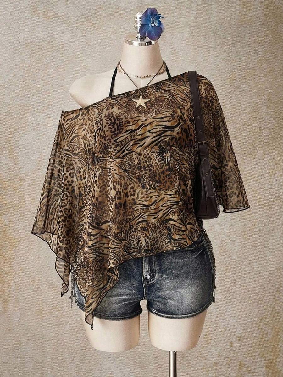 SHEIN ICON 大尺碼復古性感獨家豹紋網紗上衣女款 - 彩色 - 查看 1