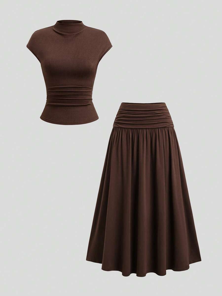 Sweetra Spring/Summer New Vintage Dark Brown 2 Pieces Set, Tank Top And Skirt Set, Casual Elegant Everyday Day Time - Coffee Brown - View 1