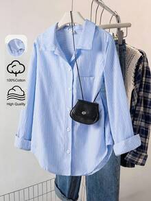 SHEIN 新款純棉條紋女童大童防曬襯衫，韓系風格，適合春/夏/秋季，度假、夏季、旅行 - 藍白色 - 查看 6