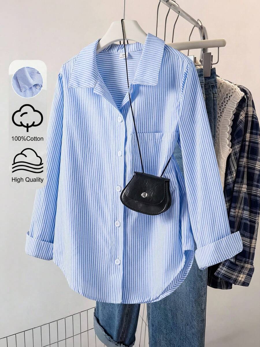 SHEIN New Pure Cotton Striped Girls Big Tween Girl Sun Protection Shirt, Spring/Summer/Autumn, Korean Style, Holiday, Summer, Travel - Blue and White - View 1