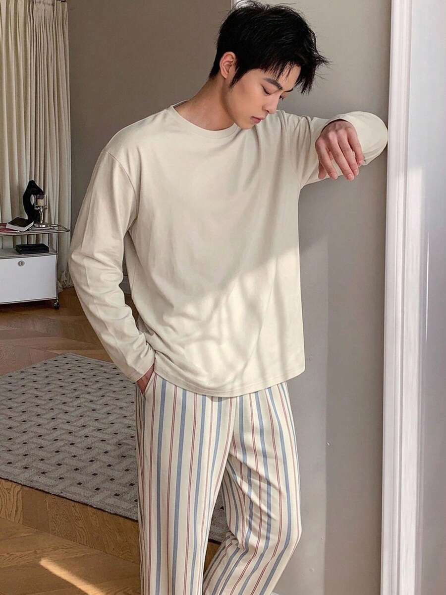 DAZY 男士春秋長袖素色杏色T恤與條紋長褲家居服套裝 - 彩色 - 查看 1
