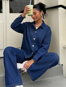 SHEIN Teen Girls Dark Blue Denim Loose Long Shirt & Pants 2-Piece Set Fall Winter Halloween Y2k Graduation Back To School - Blue - View 5
