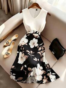 SHEIN Franclia 女士优雅连衣裙、女士休闲连衣裙、女士白色连衣裙、女士碎花连衣裙、女士无袖连衣裙、女士度假连衣裙、沙滩连衣裙、女士正式连衣裙、夏季连衣裙、假日套装、女士夏季套装、沙滩套装、正式连衣裙 - 黑色 - 查看 4