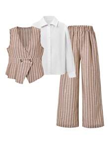 SHEIN Ensemble 3 pièces pour préadolescentes, veste, hauts blancs à manches longues vintage, rentrée scolaire, ample, pantalon large à rayures d'automne, pantalon large blanc à rayures - Multicolore - Voir 5