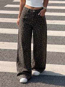 SHEIN EZwear 女款豹紋印花鈕扣口袋休閒日常牛仔褲 - 彩色 - 查看 3
