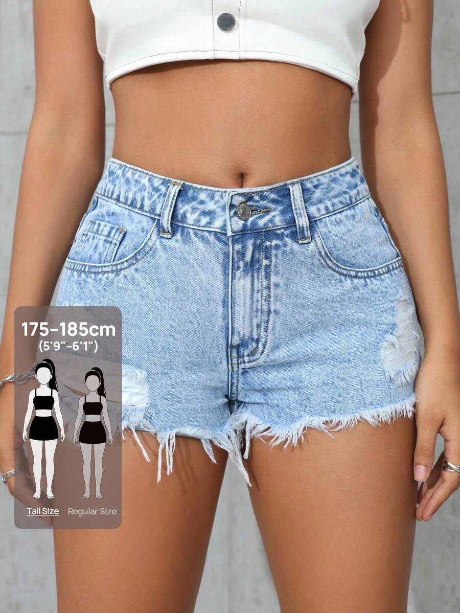 SHEIN Tall 女款休閒日常牛仔短褲,淺藍色破洞細節,百搭時尚單品,適合高個女性 - 淺色水洗藍 - 查看 1