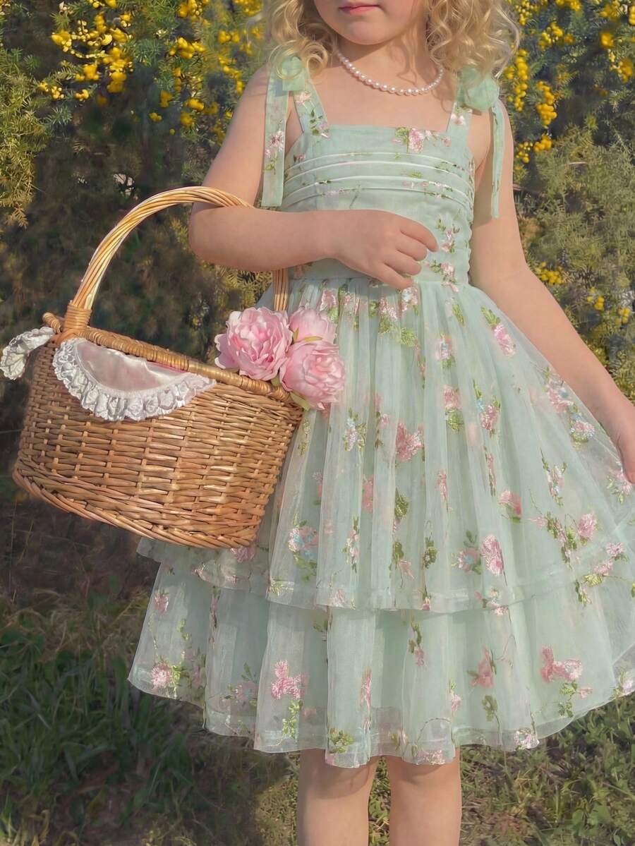 少女/青少年可爱优雅粉色吊带蝴蝶结褶皱腰A字层叠碎花网纱连衣裙,适合外出、派对、春夏、度假和节日穿着,樱桃连衣裙,女童茶会连衣裙,少女连衣裙,复古女童连衣裙 - 綠色 - 查看 1