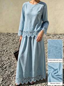 Mulvari 女款法式白色蕾絲刺繡拼接上衣與裙子兩件套 - 藍色 - 查看 7