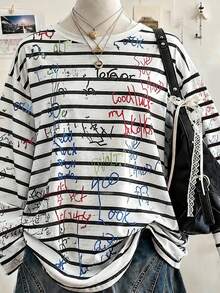 Lalippa Random Letter Striped Digital Print Fashion Minimalist Women's Long Sleeve Crew Neck T-Shirt, Friend's Gift - White - View 3