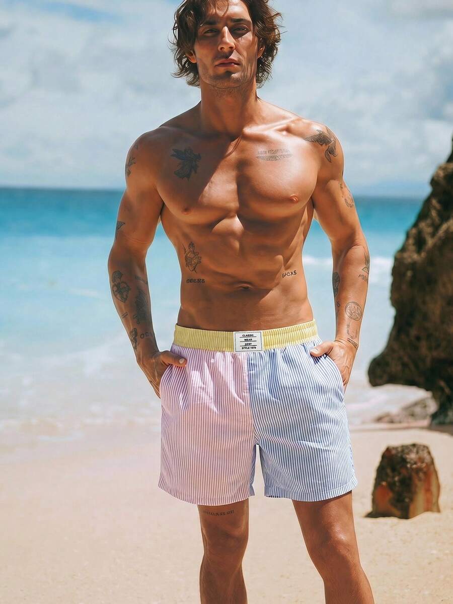 Pantalones cortos a rayas para hombre HIMLAND en tela tejida transpirable, bañadores amarillos a rayas para hombre, pantalones cortos de natación amarillos a rayas para hombre, pantalones cortos de playa para hombre, ropa de playa para hombre, vacaciones, regalos del Día del Padre - Multicolor - Ver 1