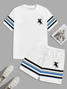 Sorvial Men's Vacation Knight Graphic Print Short Sleeve T-Shirt And Striped Drawstring Waist Shorts Set - White - View 3