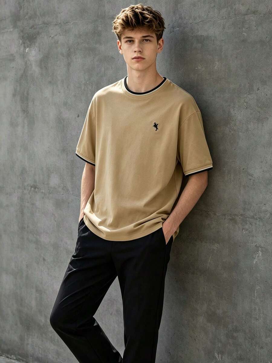 Teen Boys Khaki Short Sleeve T-Shirt + Black Long Pants, Small Horse Rider Embroidery On Chest, Low-Key & Exquisite, Simple & Casual, Suitable For Beach Vacation, Back To School - Khaki - View 1