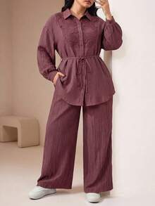 Al Najma Plus Size Women Solid Color Contrast Lace Long Sleeve Single-Breasted Shirt And Pants Conservative Arabic Outfit - Dusty Pink - View 5