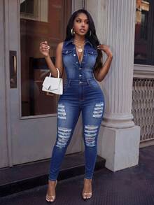 BriallanyX BriallanyX Ripped Button Front Denim Jumpsuit - Dark Wash - View 2