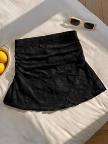 Comfortcana Summer Polka Dot Ruched A-Line Mini Skirt - Black - View 2