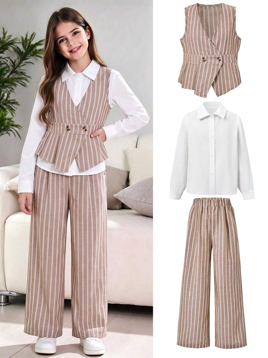 SHEIN Ensemble 3 pièces pour préadolescentes, veste, hauts blancs à manches longues vintage, rentrée scolaire, ample, pantalon large à rayures d'automne, pantalon large blanc à rayures - Multicolore - Voir 1