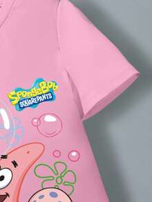 SpongeBob SquarePants | SHEIN 少女圆领短袖粉色舒适休闲可爱卡通帕特里克、桑迪、加里花卉字母图案夏装 - 白色 - 查看 5