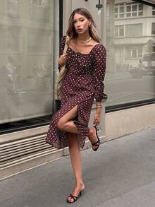 Serisse Women's Polka Dot Print Front Tie Long Sleeve Split Hem Elegant Midi Dress,Fall/Winter ,Formal ,Business ,Chic ,Back To School,Christmas,New Year , - Brown - View 7
