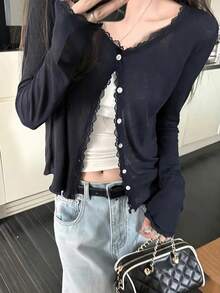 SHEIN 青少年女孩秋季新款休閒極簡黑色針織對比蕾絲飾邊半透感開襟衫 - 黑色 - 查看 1