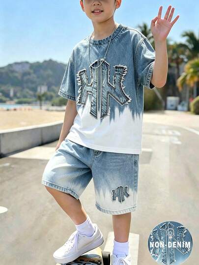 SHEIN Teen Boys Digital English Graphic Short Sleeve T-Shirt And Shorts Set, Casual Comfortable Spring Summer Outfit, Fashion Style