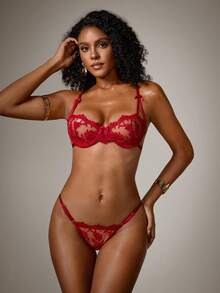DreamPoppy 2pcs/Set Women's Sexy Lingerie Burgundy Ultra-Thin Breathable Mesh Floral Embroidery Perfect For Valentine's Day Date - Burgundy - View 6