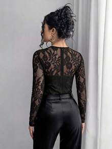 SHEIN Raffinéa Women's Elegant Sexy V-Neck Lace Long Sleeve T-Shirt - Black - View 2