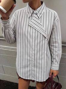 DAZY 女款夏季寬鬆休閒風長袖 2 合 1 領口直條紋布料襯衫 - 卡其色 - 查看 3