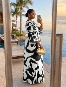 SHEIN Lady CURVE Plus Size Fashion Vacation Print Color Block Slit Dress Fall - Multicolor - View 2