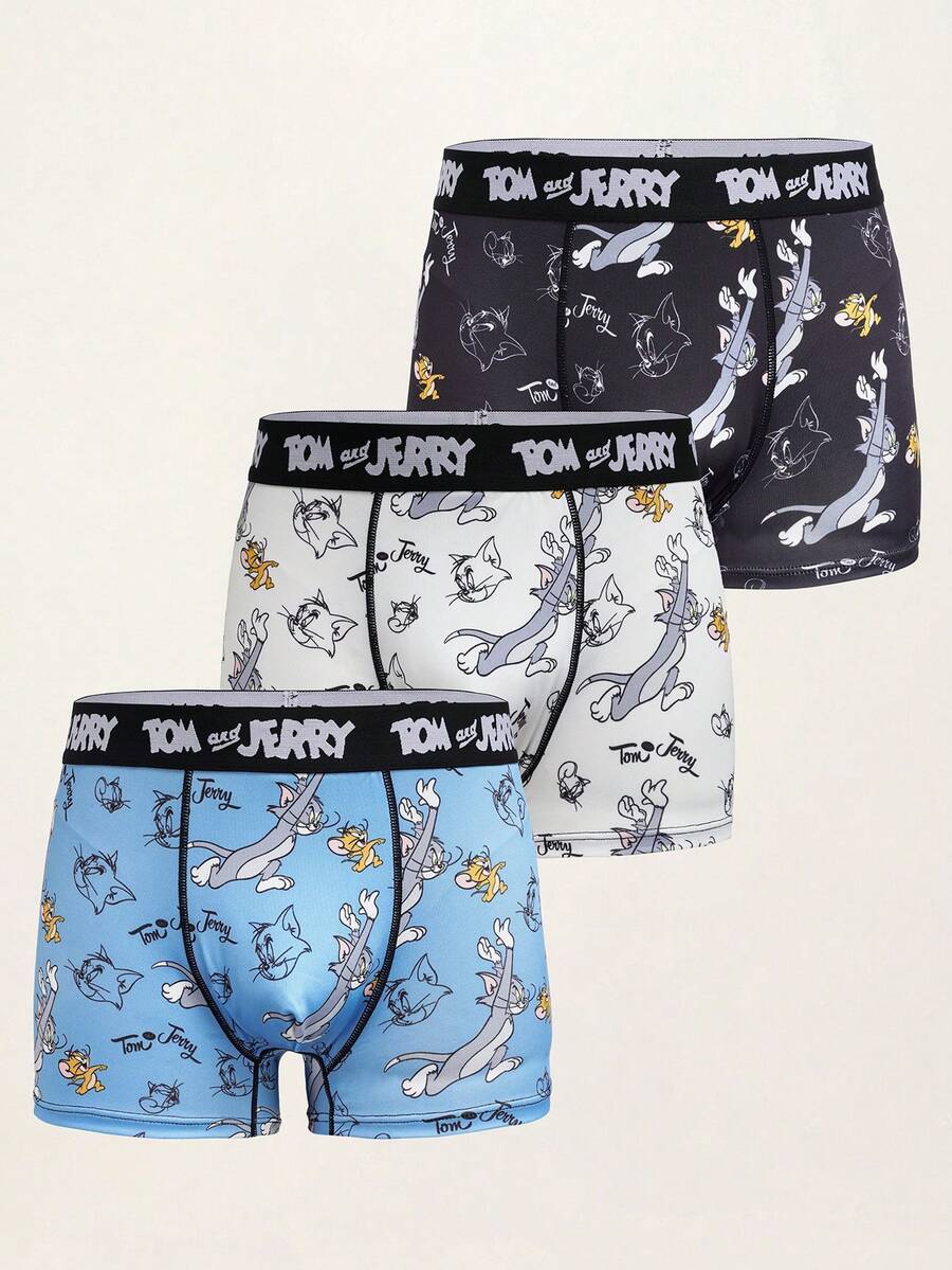 TOM & JERRY X SHEIN Men's Letter Print Colorblock Cartoon Print Casual Daily Boxer Briefs 3pcs/Pack - Blue and White - View 1