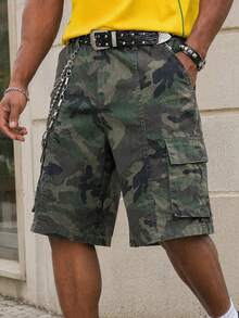 Manfinity EZcore Men Plus Size Casual Street Style Multi-Pocket Distressed Camouflage Wide Leg Denim Shorts - Army Green - View 1