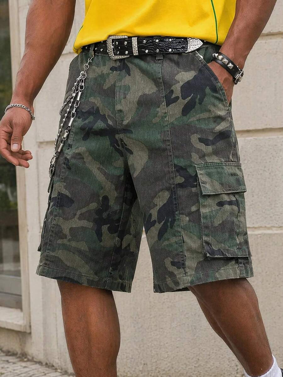 Manfinity EZcore Men Plus Size Casual Street Style Multi-Pocket Distressed Camouflage Wide Leg Denim Shorts - Army Green - View 1