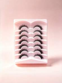 7 Pairs Set Natural Long Curled Thick Volume Crossed Fish Tail False Lashes Clear Stems For Daily Dating Party Wedding Work Must Have Beauty Accessory - Black - View 4