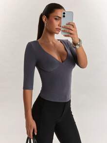 SHEIN BAE ملابس علوية نسائية من الكشمير ناعمة ومريحة بأكمام طويلة، مناسبة للخروجات اليومية والعودة للمدرسة والتنقل والارتداء في المكتب - رمادي - مشاهدة 5